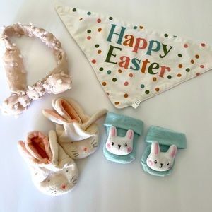 Used Newborn Easter set, bib, socks, slippers and headband.